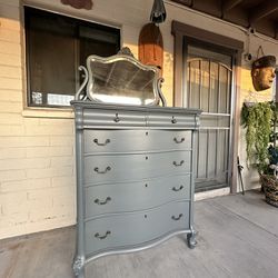 Antique Grey Upright Dresser / Mirror