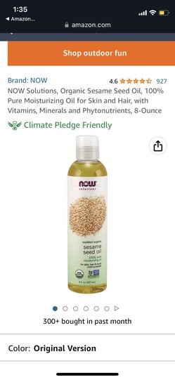 NOW Solutions, Organic Sesame Seed Oil, 100% Pure Moisturizing Oil For Skin And Hair, With Vitamins, Minerals And Phytonutrient, 8 Ounces