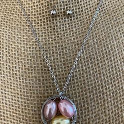 Juego Cadena Aretes Stainless Dije Perlas Colores