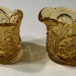 Vintage Mini 2” Hobstar Amber Glass Cream And Sugar 