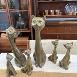 Vintage Mid Century set of 6 Cats Solid Brass 