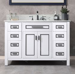 Milan-4821-WH+TOP, Milan 49" Floor Mounted Single Basin Vanity Set with Solid Wood Cabinet in White, and Carrara White Marble Vanity Top with Pre-inst