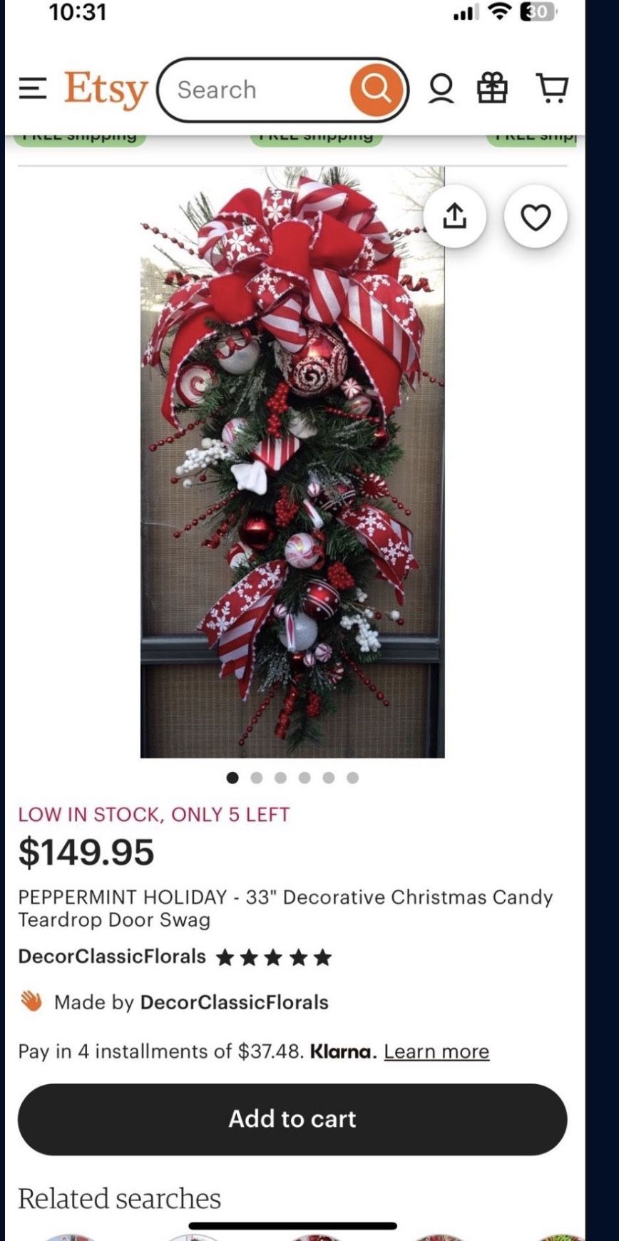 PEPPERMINT HOLIDAY - 33" Decorative Christmas Candy Teardrop Door Swag