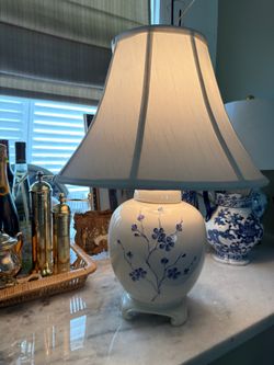 22” Blue & White Hand-Painted Ceramic Ginger Jar Table Lamp Chinosierie