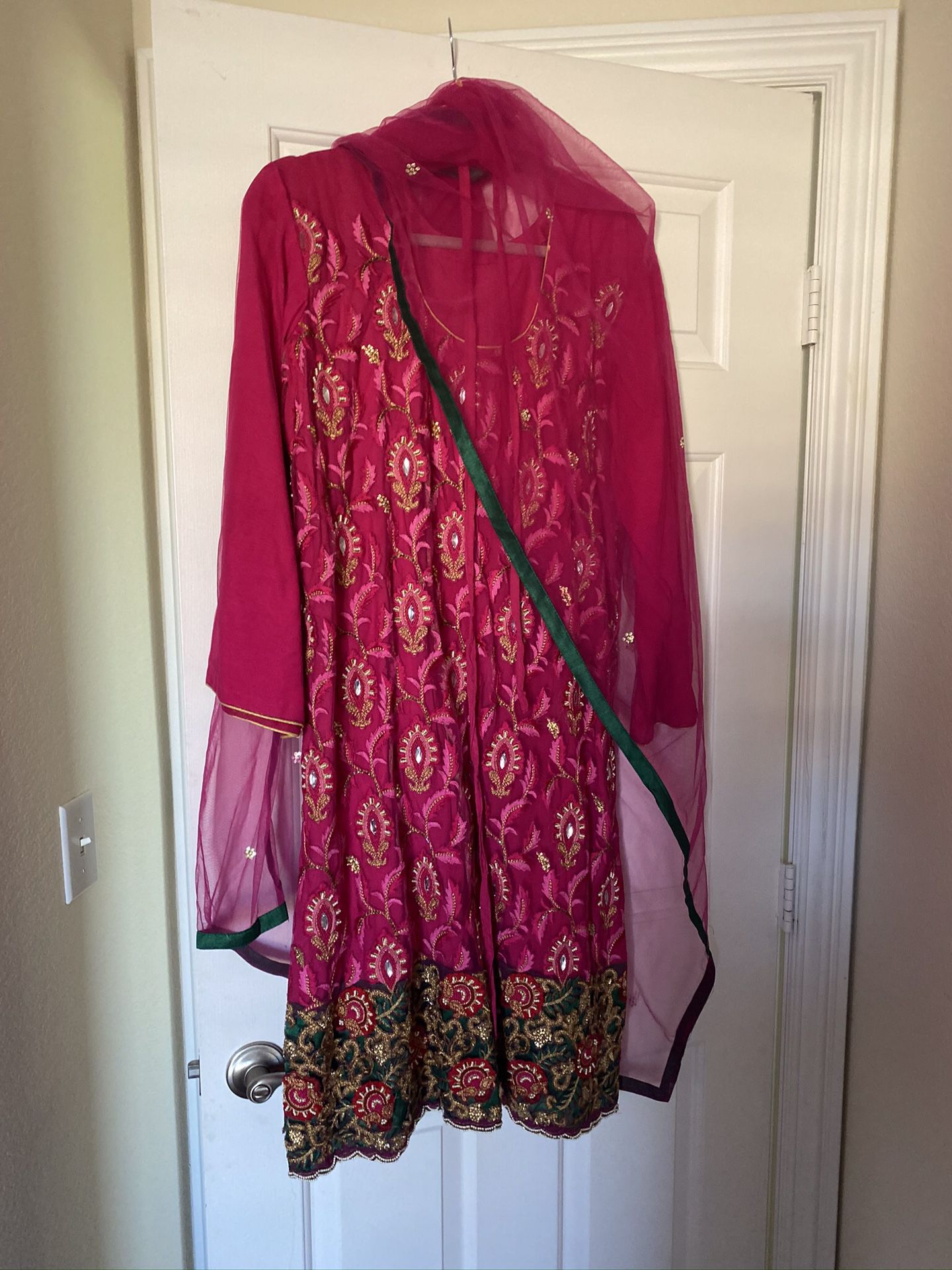 Dark Pink and green embroidered net Anarkali Suit, with net shawl and drawstring pants