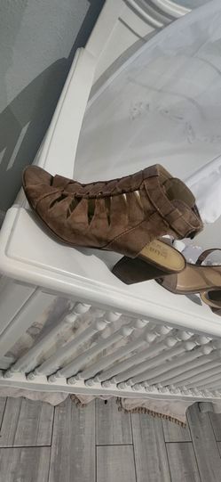 Brown Suede Gladiator Block Heel Sandals naturalized brand