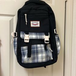 Black Plaid School Backpack – Multi-Pocket Travel Laptop Bag