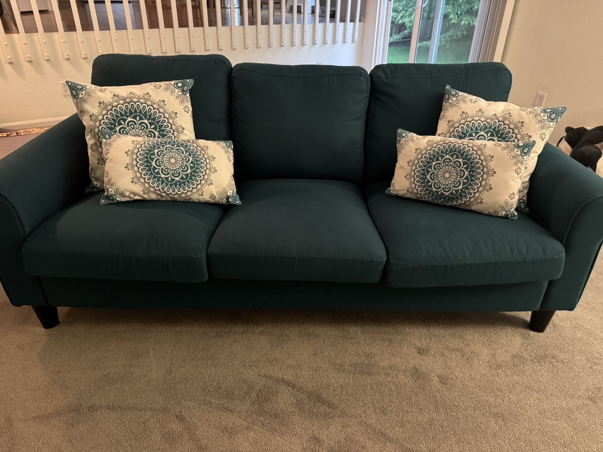 IKEA Teal Couch with 4 Decorative Pillows