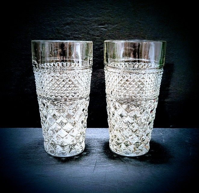 Two Lovely Anchor Hocking Crystal Glasses With Beautiful Diamond Pattern