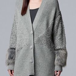 Simply Vera Wang Vera Wang Gray Cartigan With Faux Fur Sleeves