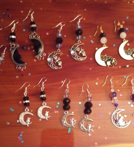 Moon & Cat Charm Earrings Moonstone Black Onyx Handmade