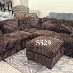 Gorgeous Brown Fur-like Jumbo Corduroy Sectional Sofa Set