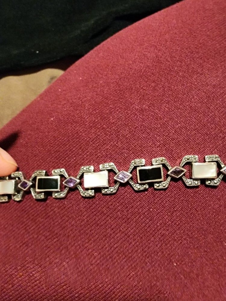 Vintage Art Deco Amethyst Black Onyx Marcasite Mother Of Pearl Sterling Silver Bracelet

