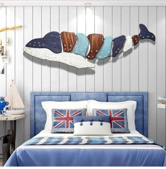 42.5" Shaped Wooden Wall Art, Hanging Wooden Whale Wall Art Ornament, Rustic Wooden Nautical Wall Sculpture Indoor Outdoor Beach Themed Decoration