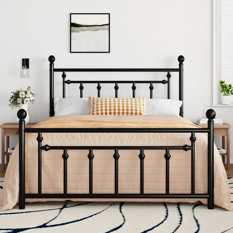 Full Bed Frame – Black Metal with Victorian Headboard, No Box Spring Needed