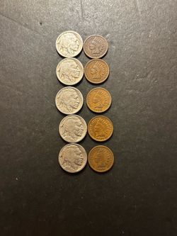 Coins –  5 different date Indian pennies and 5 different date Buffalo Nickels – Total 10 coins
