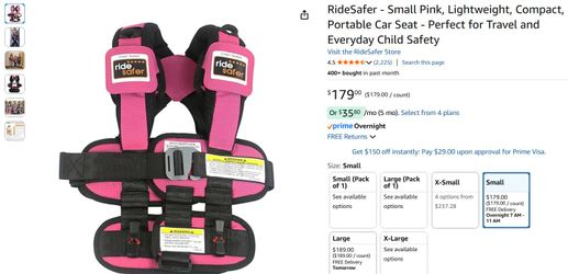 RideSafer Delight Travel Vest Gen 5 Pink Small 30-60 lbs JD14101PNK