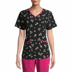 Scrubstar SIMPLE DAISY Nurse Uniform V-Neck Scrub Top Sz L Black/Pink