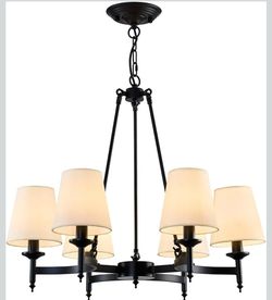 Black Wagon Wheel Chandelier with White Linen Shade 6-Light Industrial Ceiling Light Fixture 26.8inch