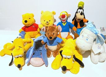 Lot of 9 Disney Characters Plush Winnie Pooh, Tigger, Pluto, Eeyore, Snowflake