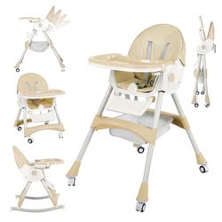 6 in 1 Foldable High Chair, Convertible High Chair for Baby&Toddler, with 5 Point Harness, Beige