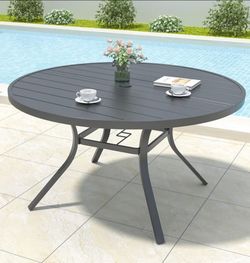 Round Outdoor Dining Table, 48 Inch All-Weather Patio Table with Adjustable Umbrella Hole for Deck Lawn Garden Backyard Balcony Deck, Black Metal Fram