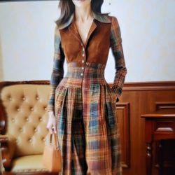 Brown Plaid Patchwork High-waisted Jumpsuit Vintage 