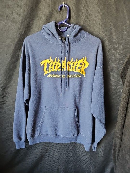 Thrasher Magazine Hoodie Men's Large Navy Blue Flame Logo Skate Skateboard