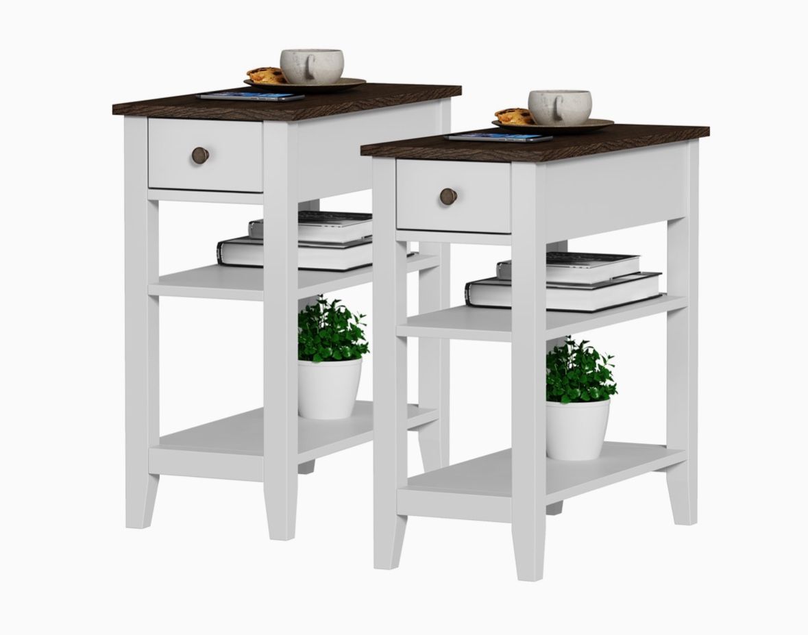 ChooChoo Side Table Living Room Set of 2, Narrow End Table with Drawer and Shelf, 3-Tier Sofa End Table for Small Space, White and Brown