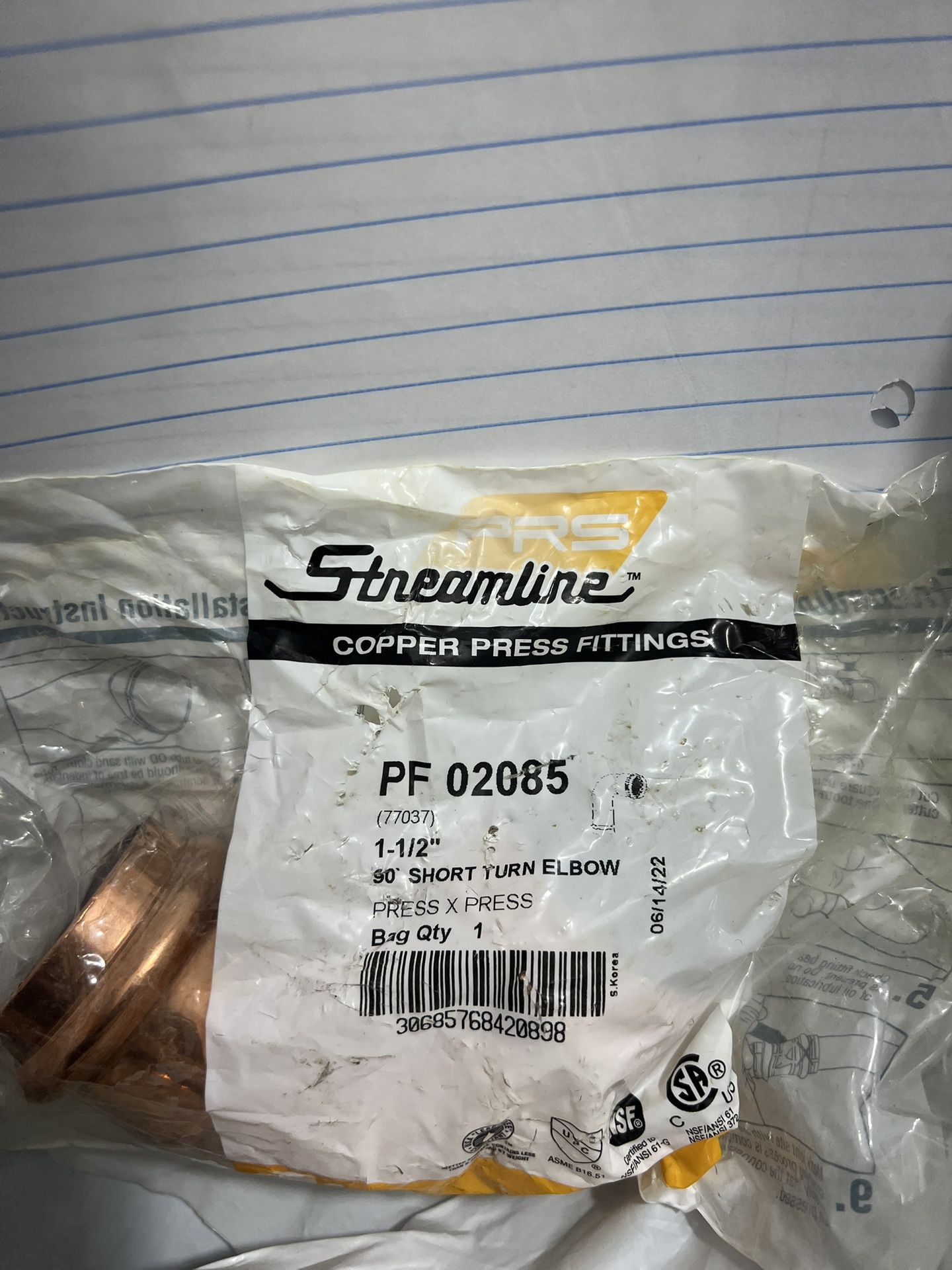 1 1/2” 90’ Short Turn Elbow Copper Press X Press Fitting Nuevos 10 Unidades