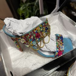 NIB Azalea Wang multi gemstone jewel drape stiletto mule sandal 