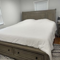 King Size Bed, Dresser + Mirror And End Table - Good Condition 