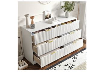 6 Drawers Fluted Dresser for Bedroom, 55" Wide Wooden Dresser with Deep Drawers, Large Floor Chest of Drawers, Modern Long TV Stand, Storage Cabinet S
