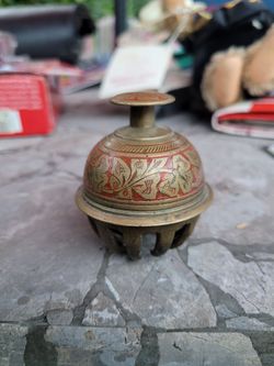 Vintage Brass Desk Bell with Floral Enamel