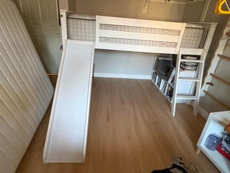 Twin white loft bed with mattress and slide