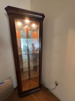 Vintage Wood & Glass Corner Curio Display Cabinet