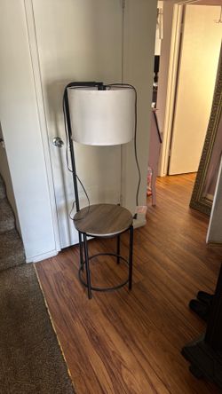 Black metal and wood table floor lamp