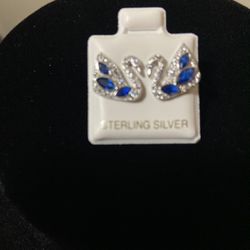 Swans Blue Diamond Silver Earrings