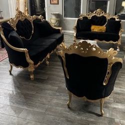 3 Piece Sofa Living room Set -Throne Velvet Black And Gold Trim