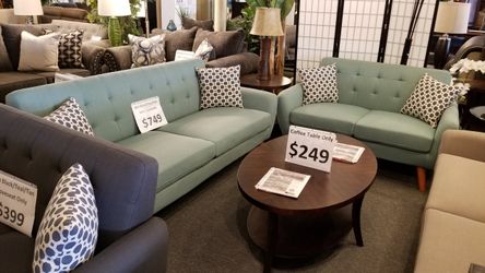 Brand new teal/tan/grey midcentury modern 82" sofa + 60" loveseat 2PCs