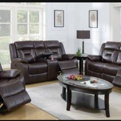 Brand New Espresso Leather 3pc Reclining Sofa Set