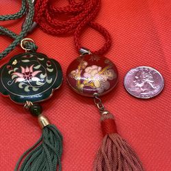Two Vintage 1980 Cloisonné Necklace Double Sided Pendant With Tassel