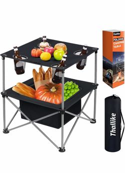 Lightweight, portable folding camping table for outdoor picnics, featuring 4 cup holders and a storage bag; ideal for camping, the backyard, grilling,