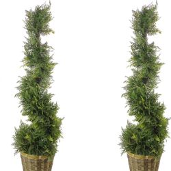 Set of 2. Admired By Nature 36 Inch Artificial Cypress Plants Spiral Shape Topiary Plant Tree W Planters, for Home Décor, Front Porch Indoor Outdoor, 