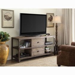 60" Oak Finish & Antique Silver Metal TV Stand