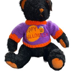 Happy Halloween Black Teddy Bear Plush 15” Orange Ears & Nose Cuddly.  NWT Publix Collection Wears knitted sweater with pumpkin and Ghost Embroidered 