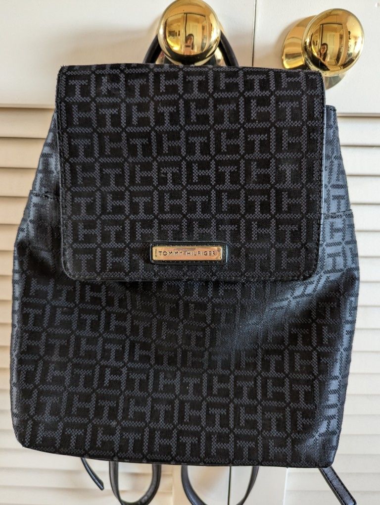 Tommy Hilfiger Black Monogrammed Mini Backpack Bag Purse 