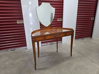 Vintage Irwin Furniture Half-Moon Vanity Table w/ Mirror & Glass Top — Designed by J. Stuart Clingman