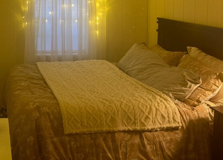 Queen Mattress, Box Spring, Frame And Brown Wooden Headboard