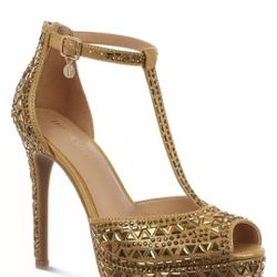 Thalia SODI 4" embellished Gold t Strap Heels